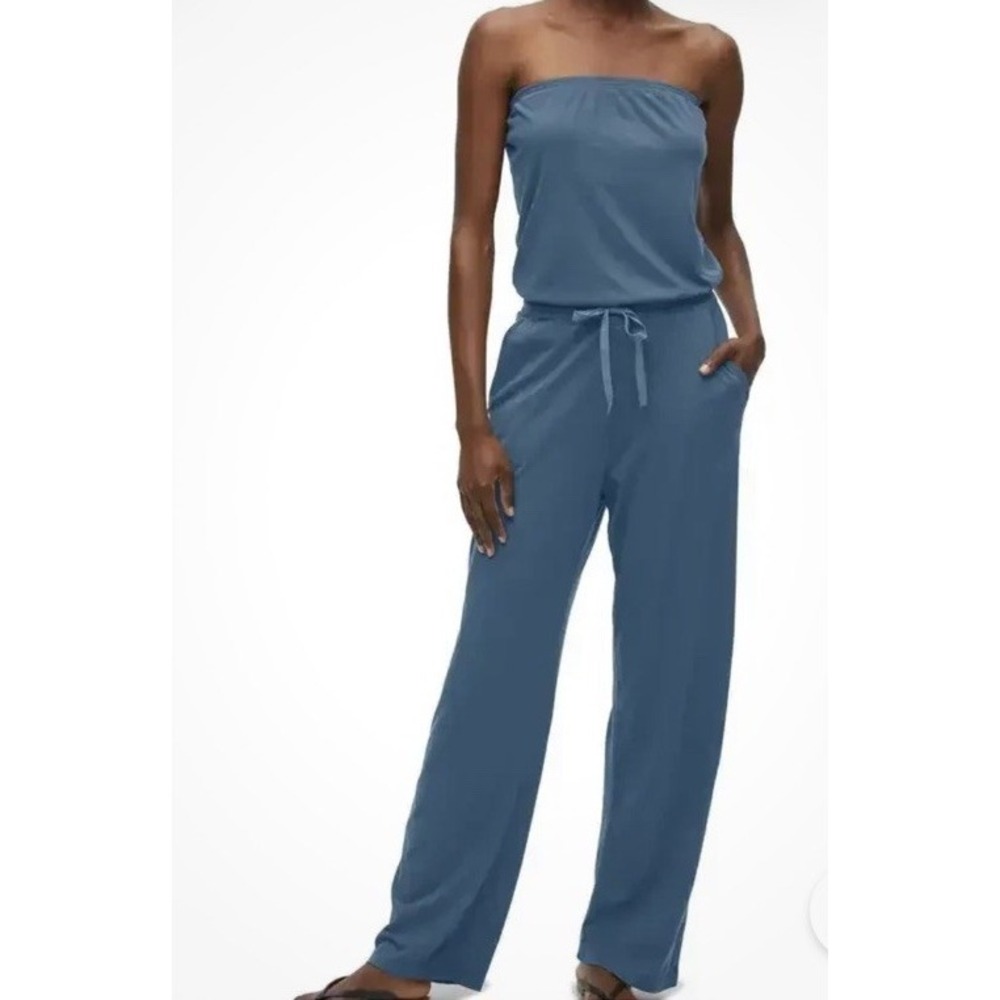 Michael Stars Skye Jumpsuit Strapless Modal Drawstring Pebble Blue Small
